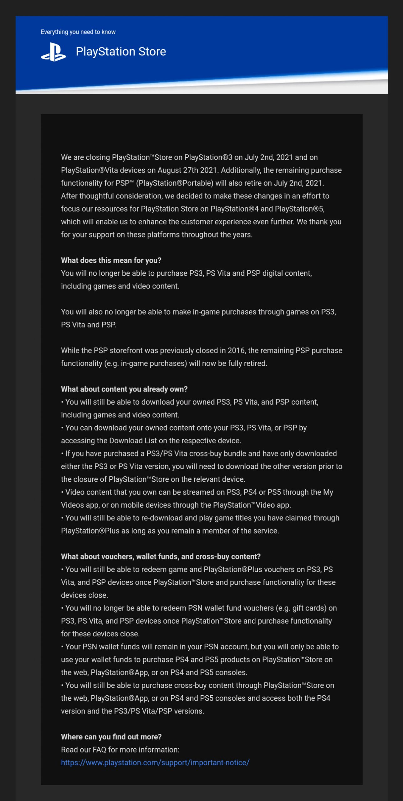 Official email from Sony regarding PlayStation PS3, PS Vita and PSP stores